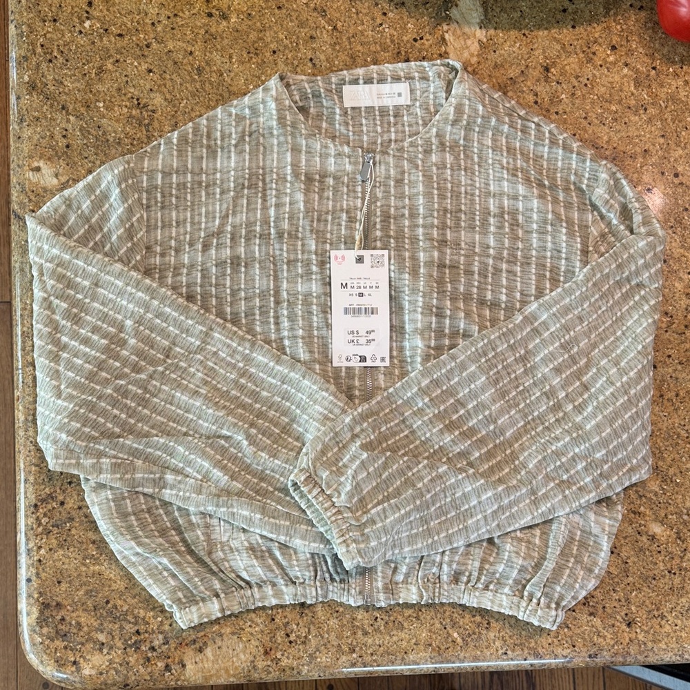 Zara Moss Green/off white stripe lightweight zip up jacket. NWT, Size M.